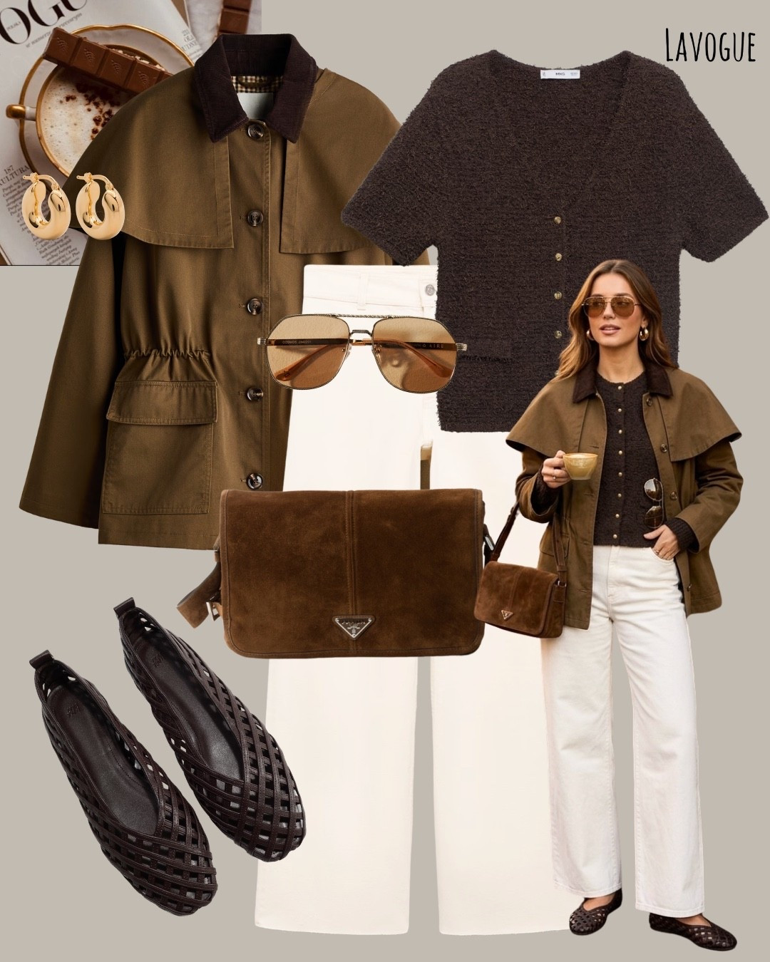 Soft spring layers in warm neutrals 🤎. A cape-detail twill jacket layered over a brown cardigan and crisp white jeans for a polished yet relaxed spring look. Finished with a suede Prada bag and brown flats for an elevated everyday outfit.

Shop the look below👇🏼. 

#LTKSeasonal #LTKWorkwear #LTKootd