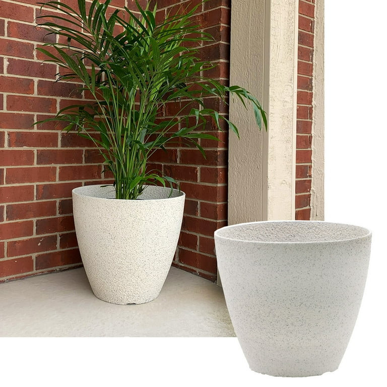15 Inch Round Faux Stone Resin Garden Potted Planter Flower Pot Indoor Outdoor, White | Walmart (US)