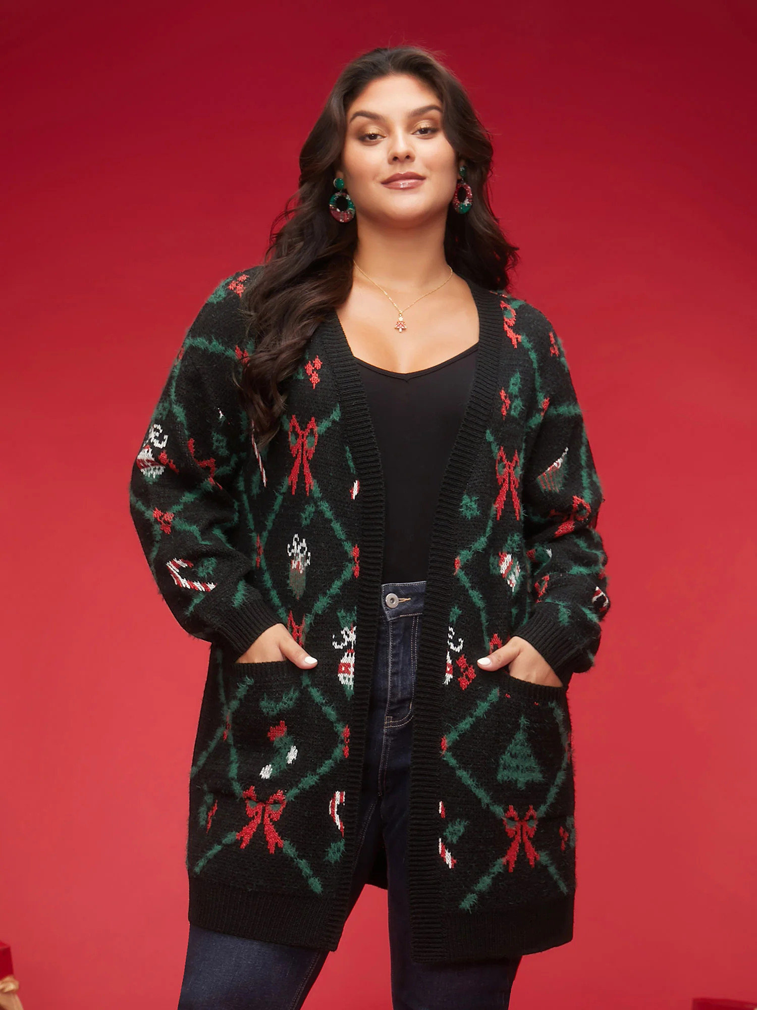 Festive Plaid Pattern Open-Front Cardigan | Bloomchic