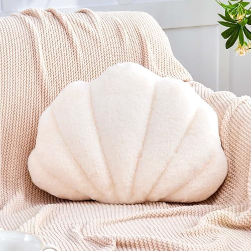 VBGYA Seashell Pillow, Ivory Sea Shell Pillows for Bed, 18" Soft Shell Shaped Decorative Ocean Pillow with Faux Rabbit Fur, Cute Beach Room Decor Seashell Plush Pillows for Couch, Bed | Amazon (US)