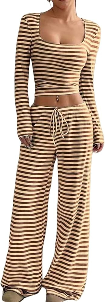 Womens Striped 2 Piece Sets Square Neck Top Cropped Tunic Wide Leg Pants Casual Lounge Sweatsuits... | Amazon (US)