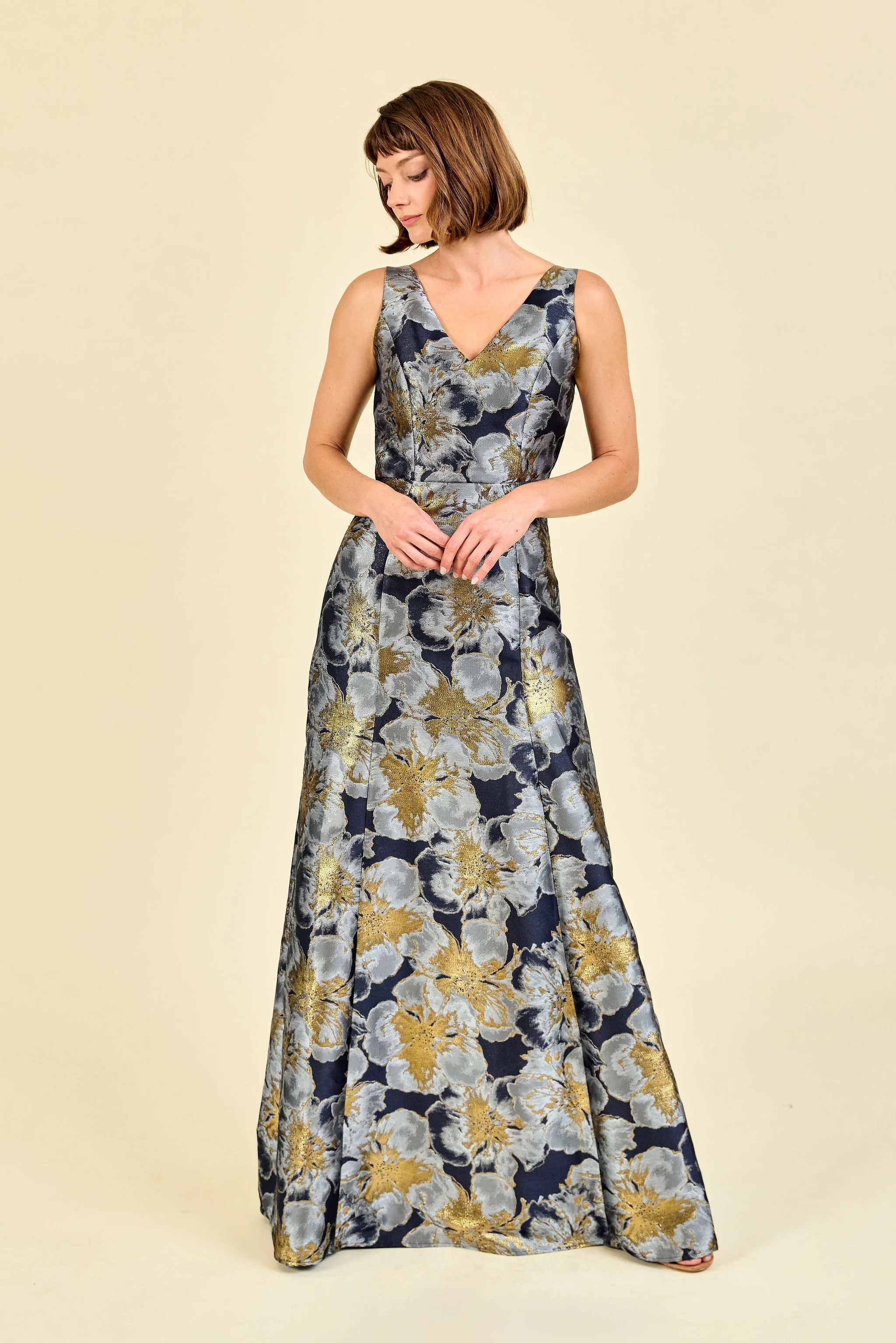 Lisa Floor-Length Shimmer Floral V-Neck Dress | LulaKate