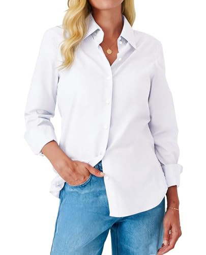 Button Down Shirts for Women Dress Shirt Long Sleeve Wrinkle Free Collared Blouse Work Business Office Solid Tops White M | Amazon (US)