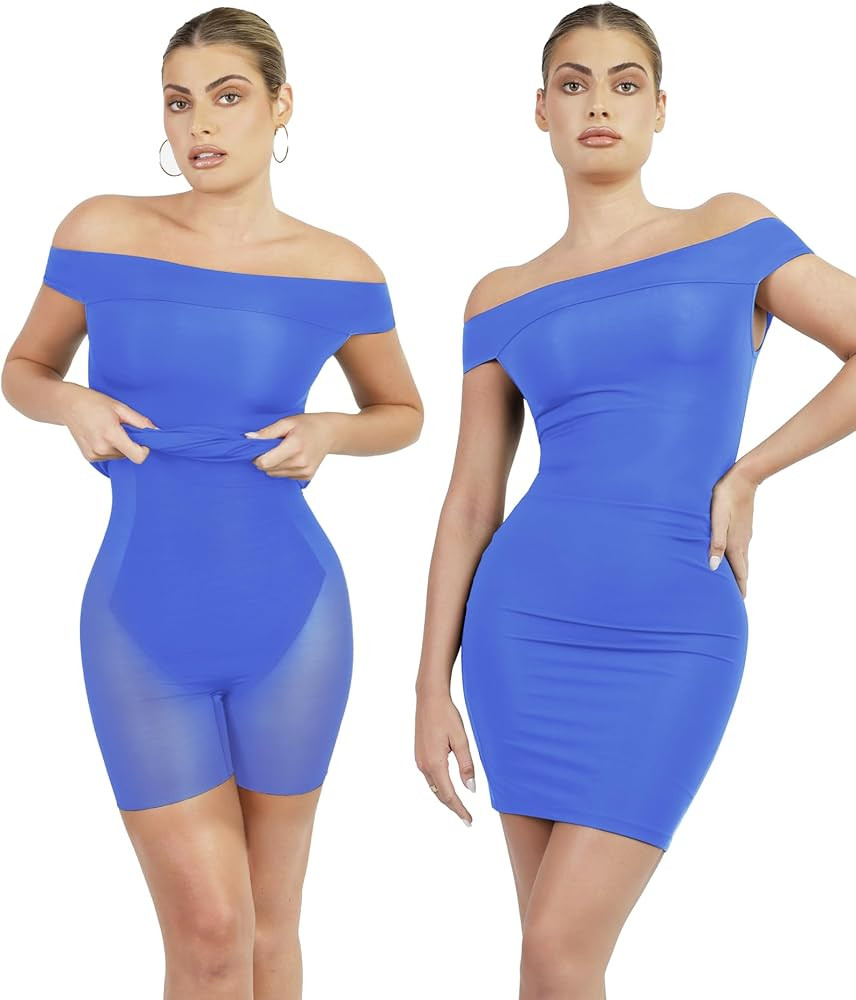 Popilush Shaper Dress Built in Shapewear Bra Bodycon Mini Dress 8 in 1 Off Shoulder Side Ruched P... | Amazon (US)