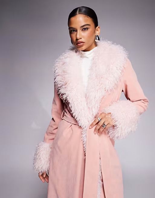 Kaiia exclusive faux fur trim penny lane maxi coat in dusky pink | ASOS (Global)
