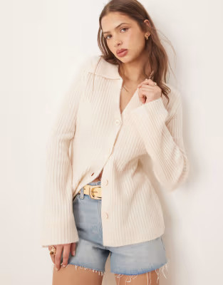 ASOS DESIGN knitted rib collar cardigan in cream | ASOS | ASOS (Global)