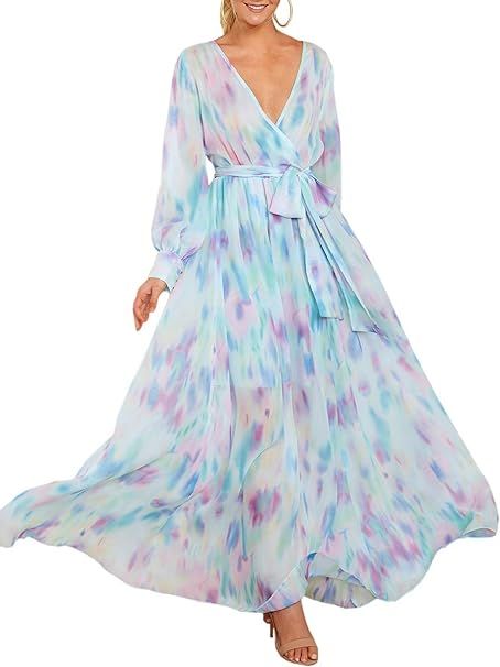 Ybenlow Womens Boho Floral Chiffon Deep V Neck Wrap Long Sleeve Flowy Party Maxi Dresses with Bel... | Amazon (US)