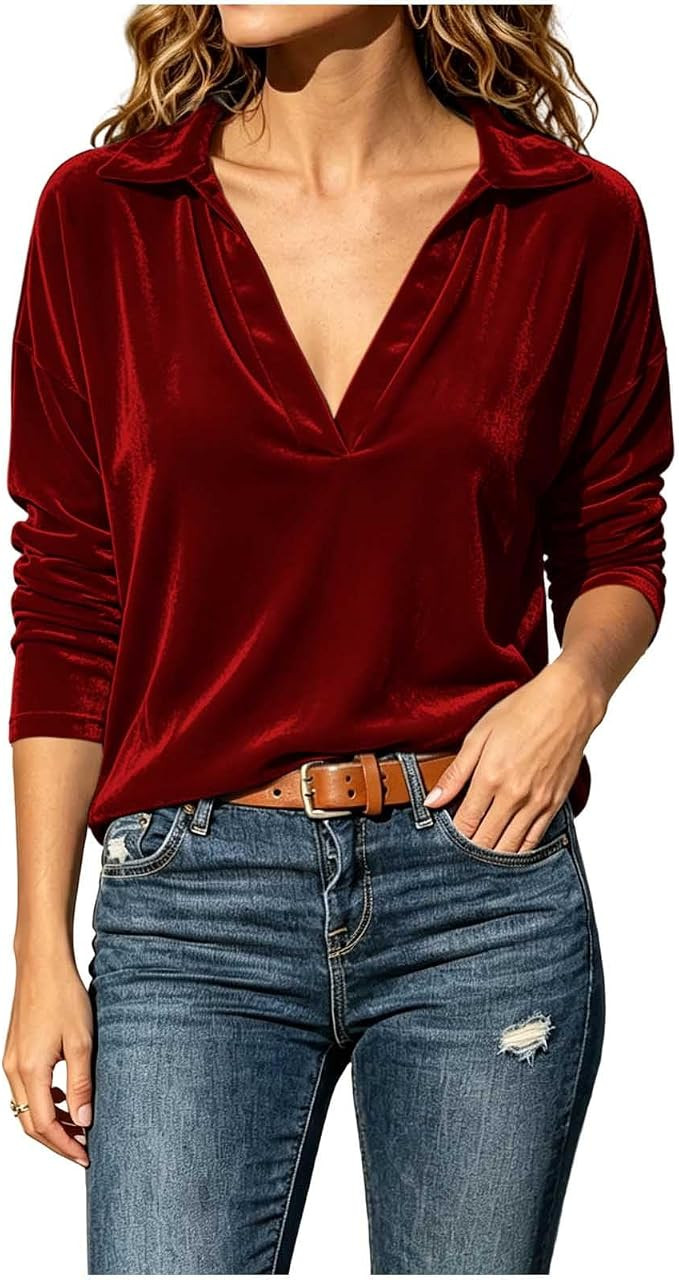 Velvet Tops for Women Long Sleeve V-Neck Lapel Collar Dressy Blouses | Elegant Holiday Party Top,... | Amazon (US)