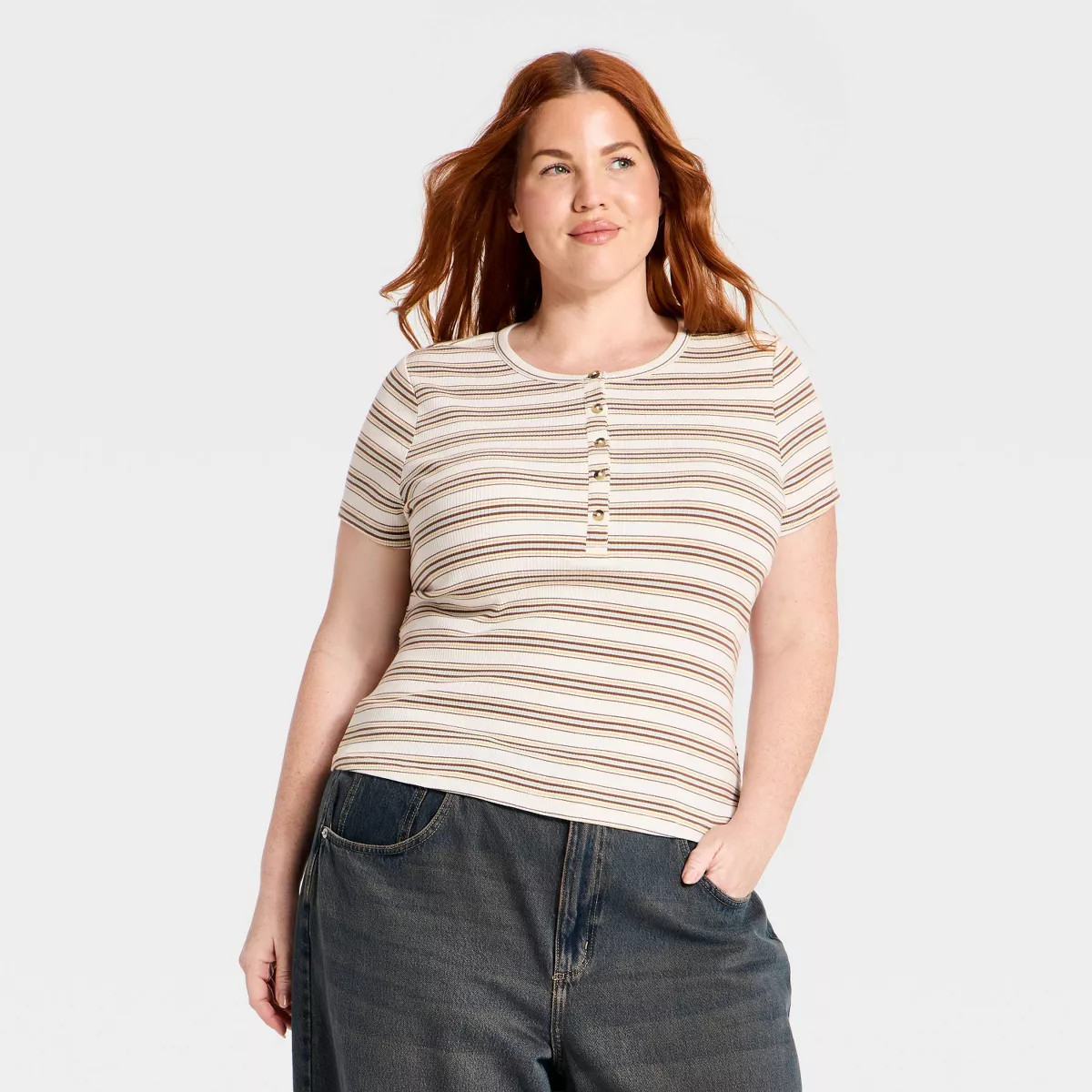Women's Short Sleeve Split Neck Henley Shirt - Universal Thread™ Multicolor Striped 2X | Target