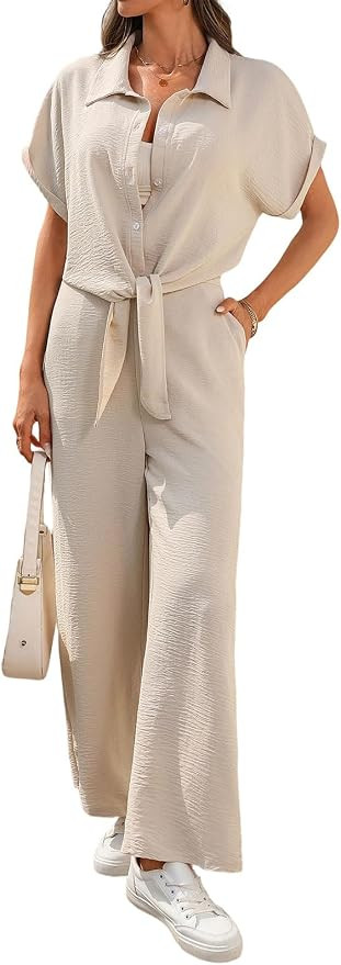 Women Summer 2 Piece Outfits Fashion Lounge Sets Dressy Belted V Neck Crop Tops Vacation Wide leg... | Amazon (US)