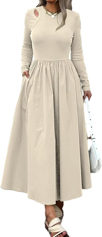 Women’s Maxi Dress with Pockets, Long Sleeve A-Line Flowy Full Length Dress Cutout Shoulder, El... | Amazon (US)