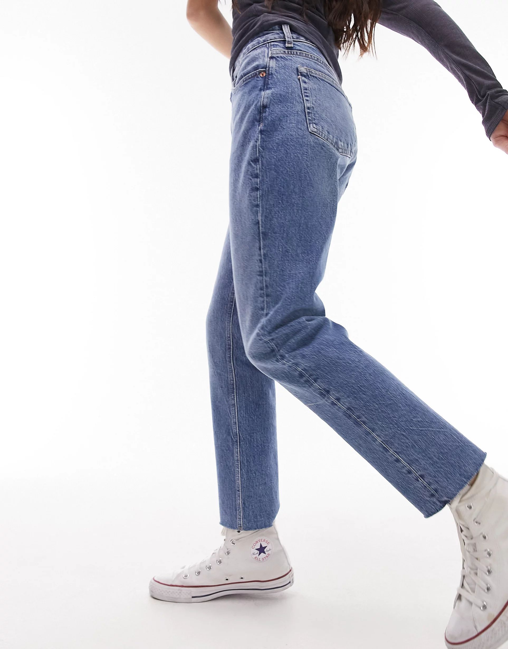 Topshop mid rise straight jeans with raw hem in mid blue | ASOS (Global)