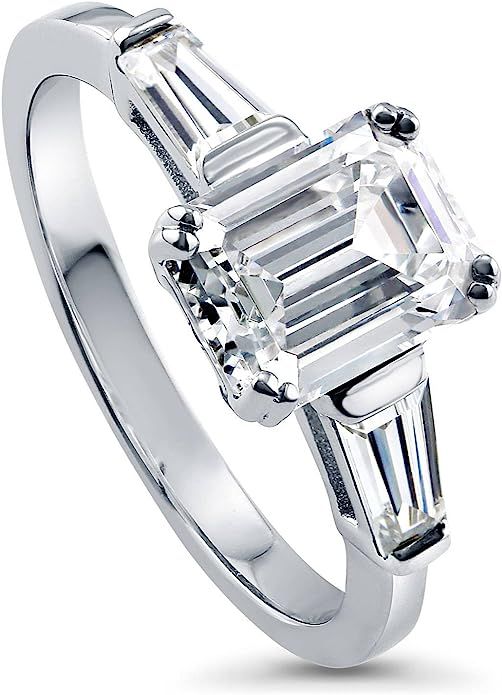 BERRICLE Valentines Day Gift Rhodium Plated Sterling Silver Emerald Cut Cubic Zirconia CZ 3-Stone... | Amazon (US)