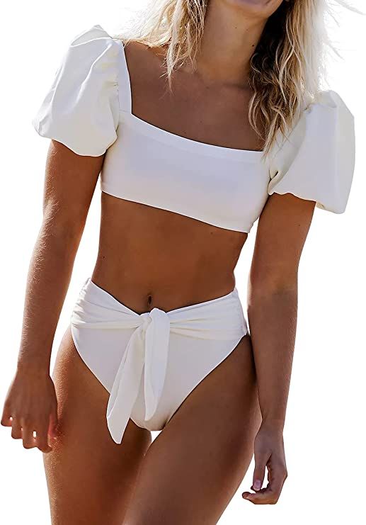 Women's High Waisted Bandeau Bikini Set,Fashion Puff Sleeve Swimwear Set Two Piece Swimsuit Sexy ... | Amazon (US)
