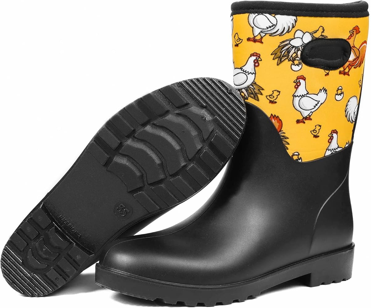 DKSUKO Women Rain Boots Waterproof,Rubber Tall Mid Calf Pull on Insulated Snow Mud Shoes | Amazon (US)