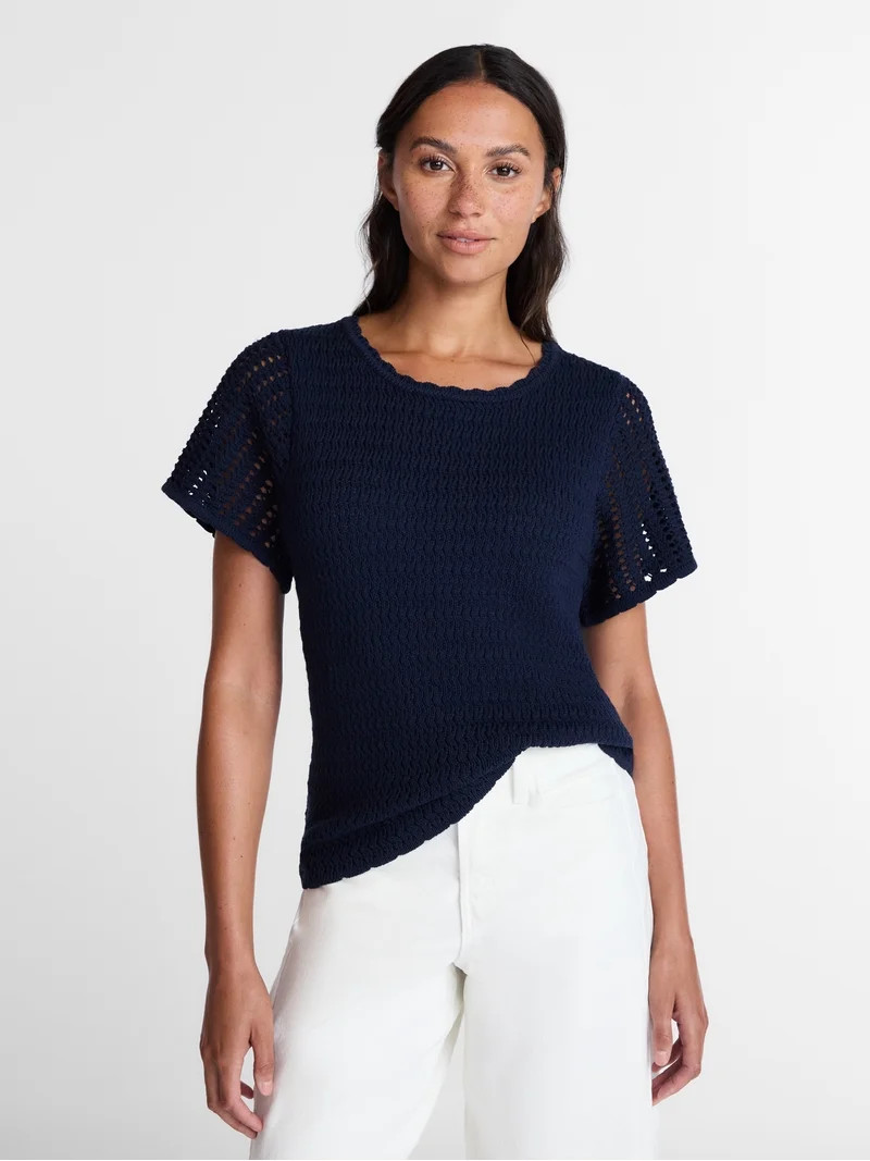 Time and Tru Women's Textured Crewneck Sweater with Short Sleeves, Lightweight, Sizes XS-XXXL | Walmart (US)