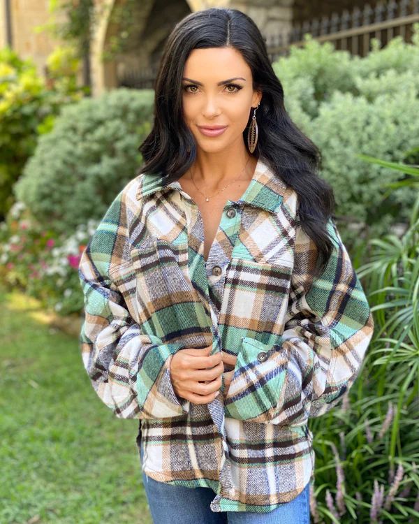 Green Plaid Button-Front Oversized Jacket | Live Love Gameday®