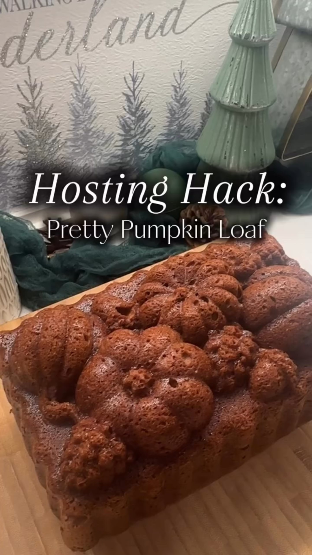 If you’re hosting this season, make this pretty pumpkin loaf. It’s the simplest pumpkin bread recipe but looks like you spent hours on it — the harvest pan does all the work. 🎃✨

Grease the pan really well, pour in your batter, and when it’s done baking it pops right out with every little detail perfectly intact. Soft, moist, and perfect for Thanksgiving, Friendsgiving, or gifting the hostess.

Save this one for your holiday menu. 🍂🤎

Pumpkin Bread Batter
	•	1 ¾ cups all-purpose flour
	•	1 tsp baking soda
	•	½ tsp baking powder
	•	½ tsp salt
	•	1 ½ tsp cinnamon
	•	1 tsp pumpkin pie spice
	•	1 cup pumpkin purée (not pumpkin pie filling)
	•	1 cup granulated sugar
	•	½ cup light brown sugar, packed
	•	½ cup neutral oil (canola or vegetable)
	•	2 large eggs, room temp
	•	1 tsp vanilla extract
	•	¼ cup milk 

Instructions

Prep
	1.	Preheat oven to 350°F.
	2.	Generously grease every nook of your harvest loaf pan with butter or oil 

Make the Pumpkin Batter
	1.	In a bowl, whisk together the dry ingredients:
flour, baking soda, baking powder, salt, cinnamon, pumpkin pie spice.
	2.	In a separate large bowl, whisk together the wet ingredients:
pumpkin purée, sugars, oil, eggs, vanilla, and milk.
	3.	Add dry ingredients to wet and mix gently until combined. Do NOT overmix.
 4. Spoon the pumpkin batter into the loaf pan. Smooth it evenly into all the harvest details.
5. Bake at 350°F for 55–65 minutes, depending on your pan’s depth. A skewer inserted into the pumpkin part should come out clean.

This pan requires a little patience:
	1.	Let the loaf cool 15 minutes in the pan.
	2.	Loosen edges gently with a plastic knife.
	3.	Flip onto a cooling rack and let it finish cooling before slicing.

Dust with powdered sugar for that cozy “holiday hosting” effect.

#asmr #hosting #thanksgiving #thanksgivingdesserts