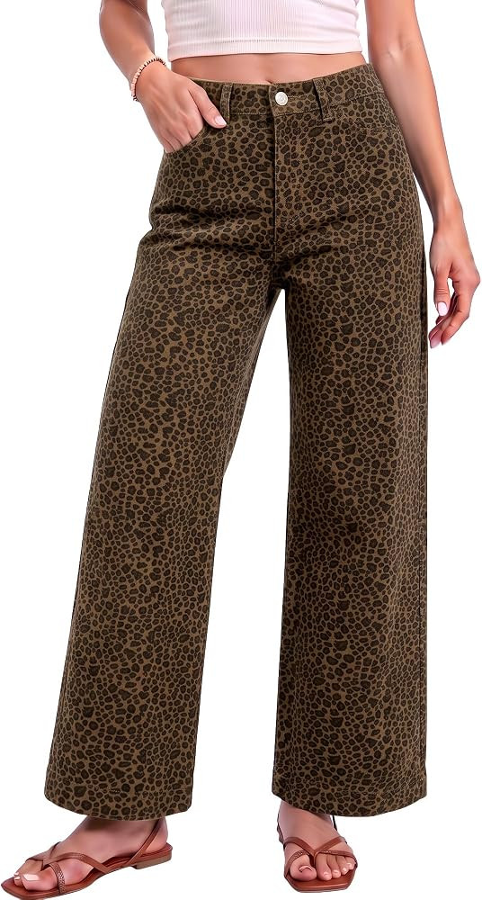 Vetinee Wide Leg Jeans Woman Leopard Cheetah Print Ankle Length Denim Pants | Amazon (US)