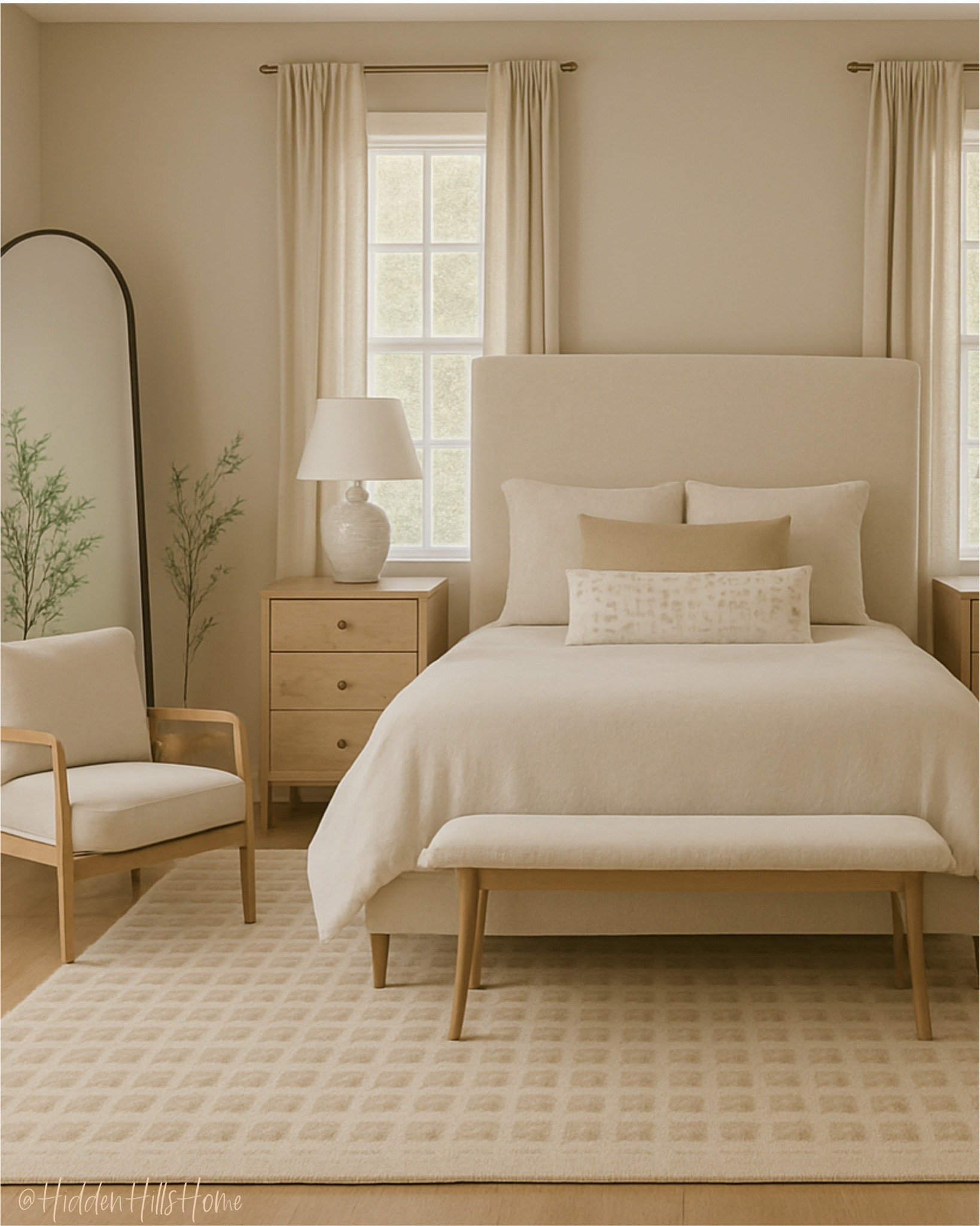Cozy neutral bedroom! Bedroom rug, Nightstands, home decor, Swipe to see the mood board! This rendering is so beautiful! It’s the perfect cozy bedroom for a master suite or guest room! #bedroom

#LTKHome #LTKSaleAlert #LTKSeasonal