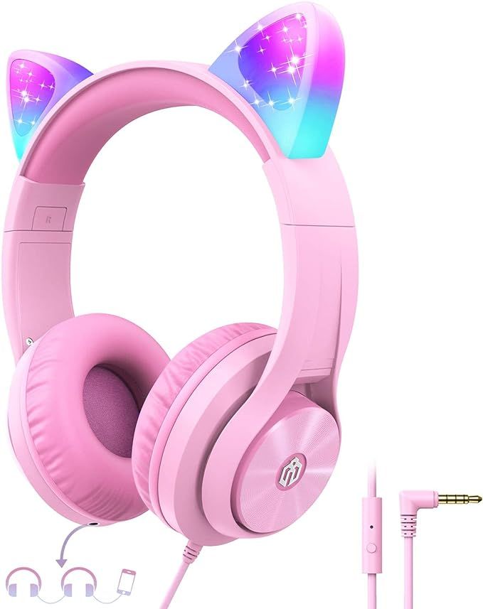 Cat Ear Led Light Up Kids Headphones with Microphone, iClever HS20 Wired Headphones -Shareport- 9... | Amazon (US)