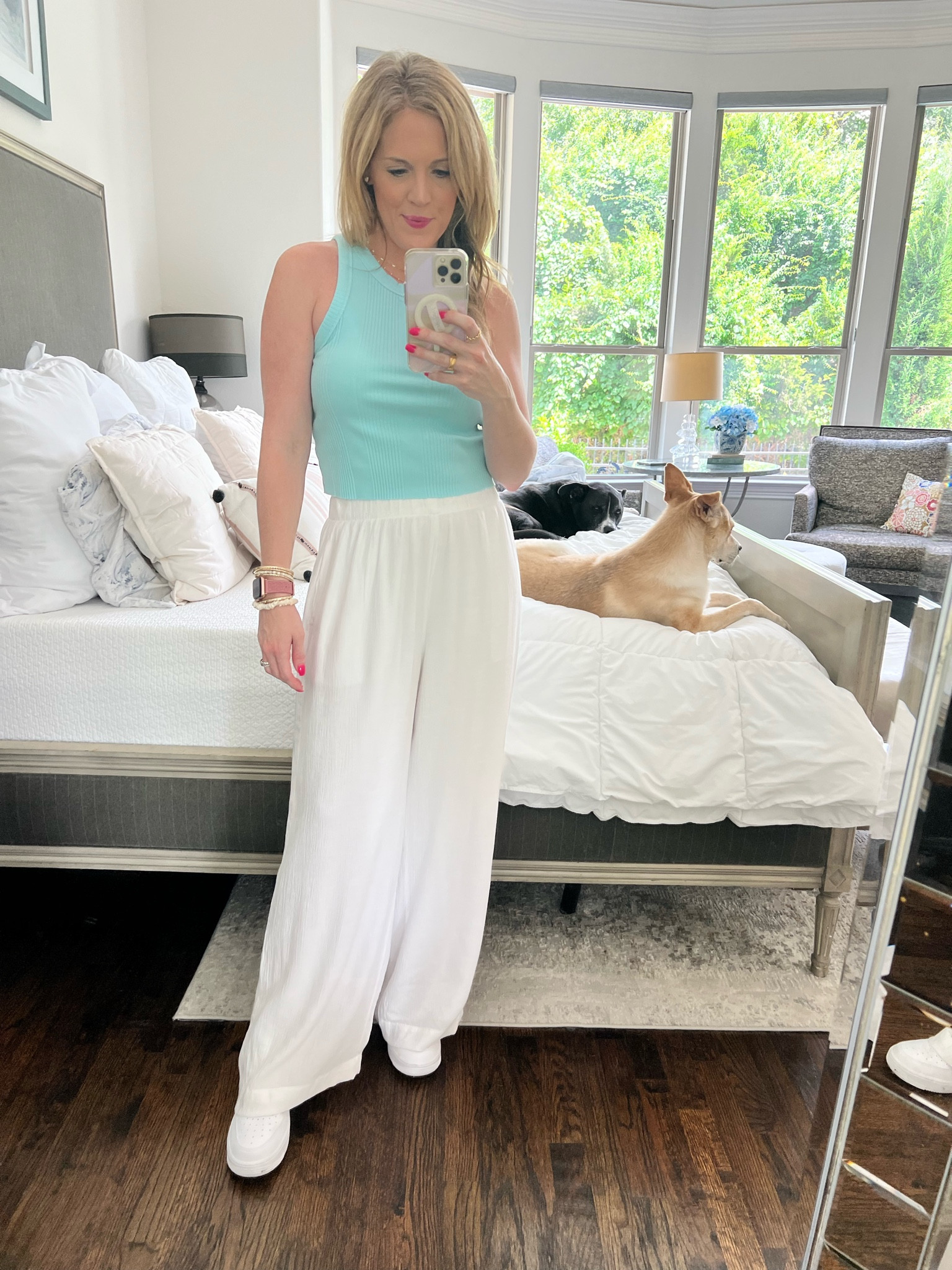 Casual summer style 
Aerie cropped tank 
Abercrombie crinkle wide leg pants 
White wide leg pants 
Summer look 
Summer style 
A&F
White Nike sneakers 
White Nike air force ones 

#LTKSeasonal #LTKFindsUnder100 #LTKSaleAlert