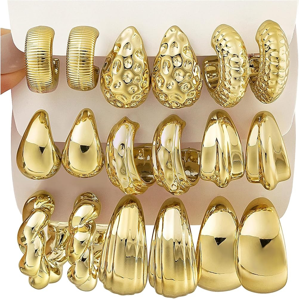 9 Pairs Gold Hoop Earrings for Women Trendy, Thick Twisted Gold Earrings Lightweight, Chunky Hoop... | Amazon (US)