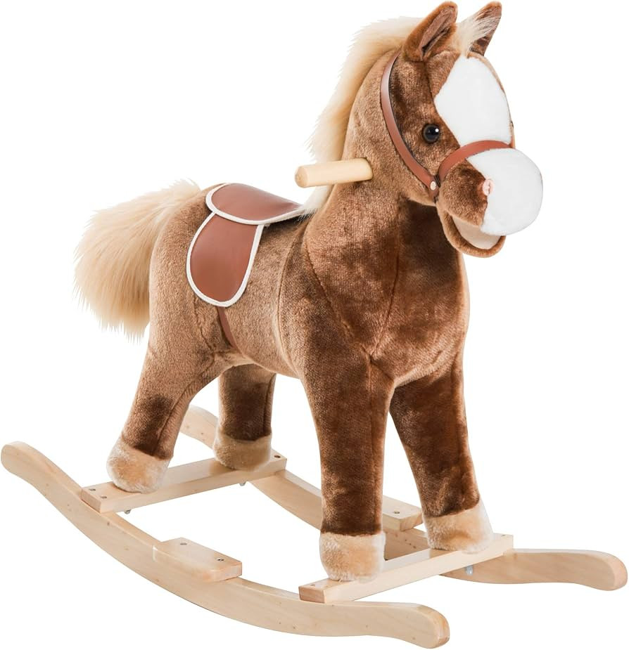 Qaba Kids Rocking Horse, Plush Toddler Rocker, Wooden Base Ride-On Toy with Handle Grip, Traditio... | Amazon (US)