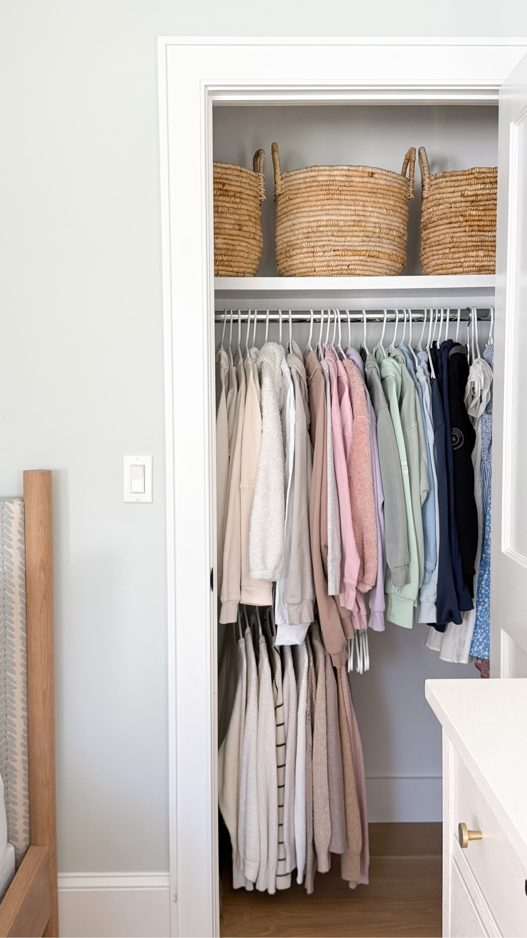 If you’re working with a standard closet, it probably has more storage potential than you think. We just need to get a little creative. Use the upper shelf for baskets to hold seasonal items, and add an adjustable second hanging rod below to instantly create more hanging space! These few adjustments can make your closet feel twice as functional. ￼

#LTKmomlife #LTKHome #LTKSeasonal