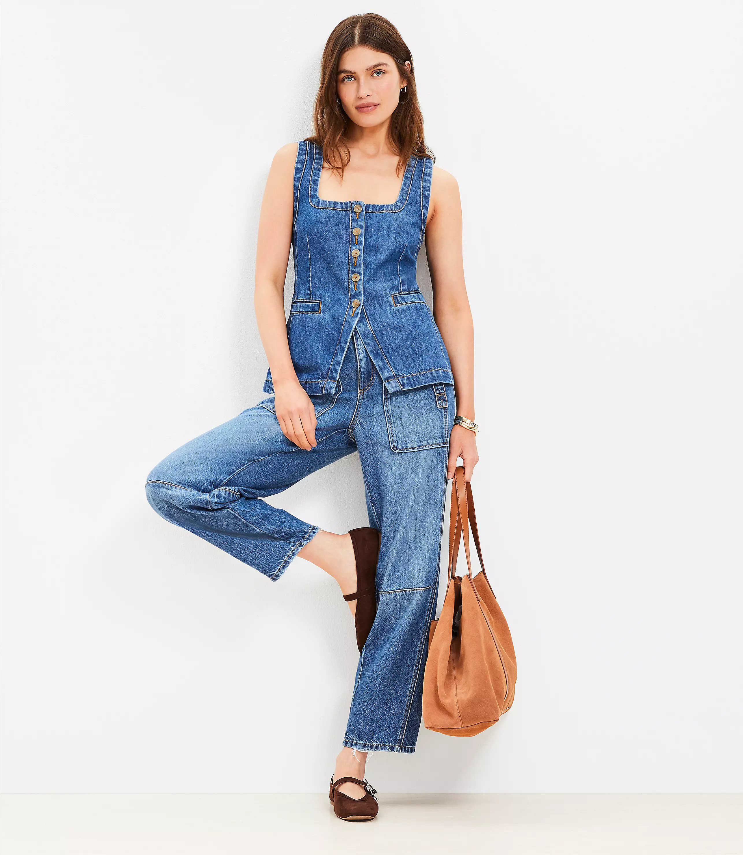 Denim Square Neck Pocket Vest Top in Classic Mid Wash | LOFT