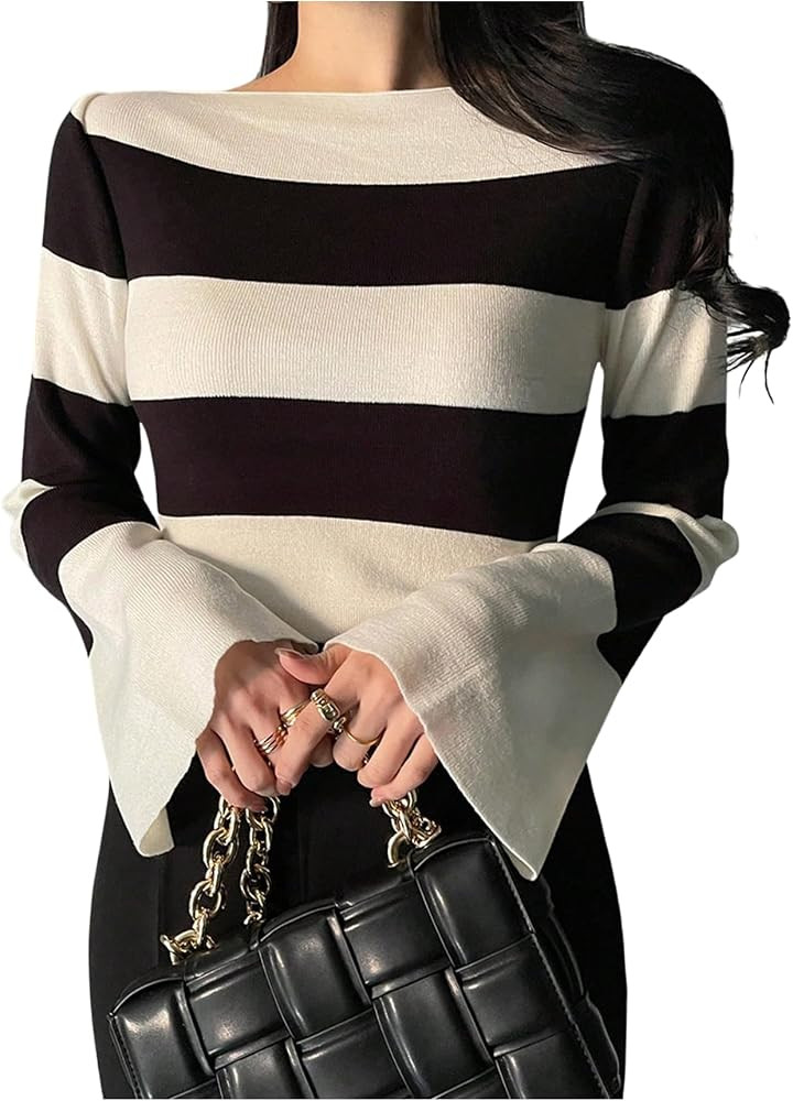 SweatyRocks Women's Striped Long Bell Sleeve Sweaters Boat Neck Elegant Knit Pullover Tops | Amazon (US)