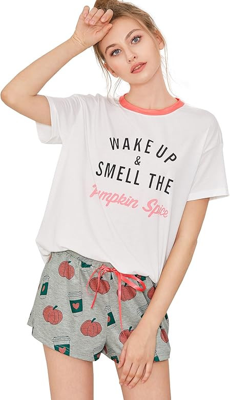 Women's Cute Cartoon Print Tee and Shorts Pajama Set | Amazon (US)