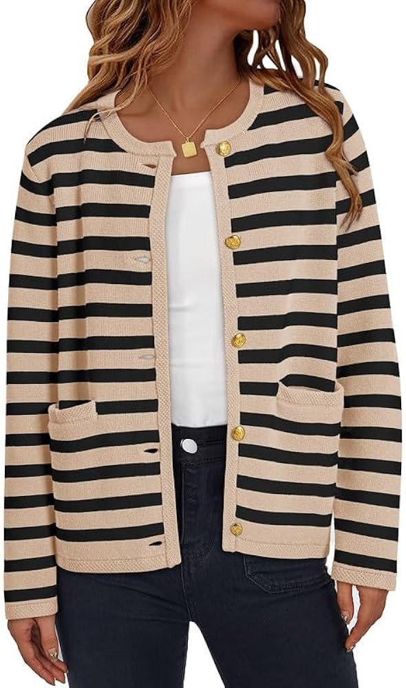 Dokotoo Women's 2024 Fashion Casual Crew Neck Open Front Long Sleeve Chunky Knit Striped Cardigan... | Amazon (US)