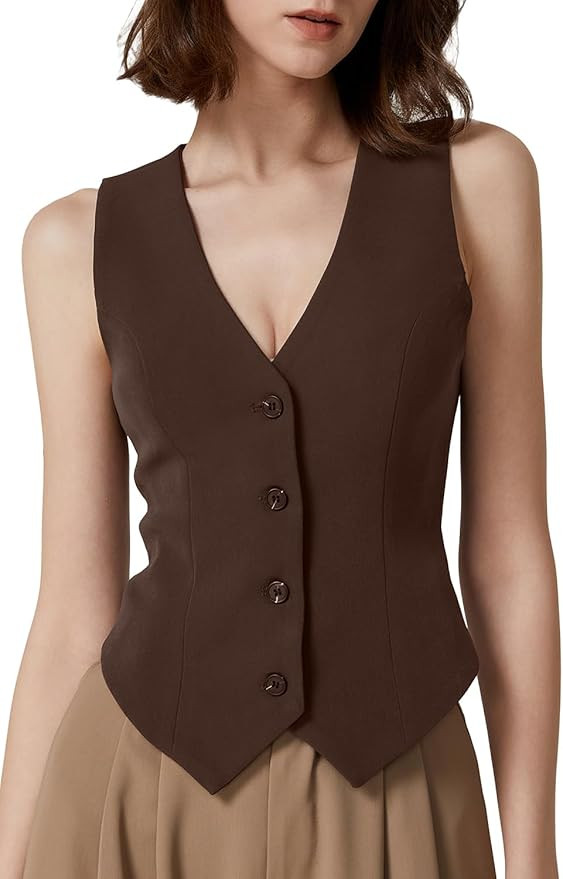 QINSEN Womens V Neck Vest Top Sleeveless Button Down Fully Lined Solid Going Out Crop Tops | Amazon (US)