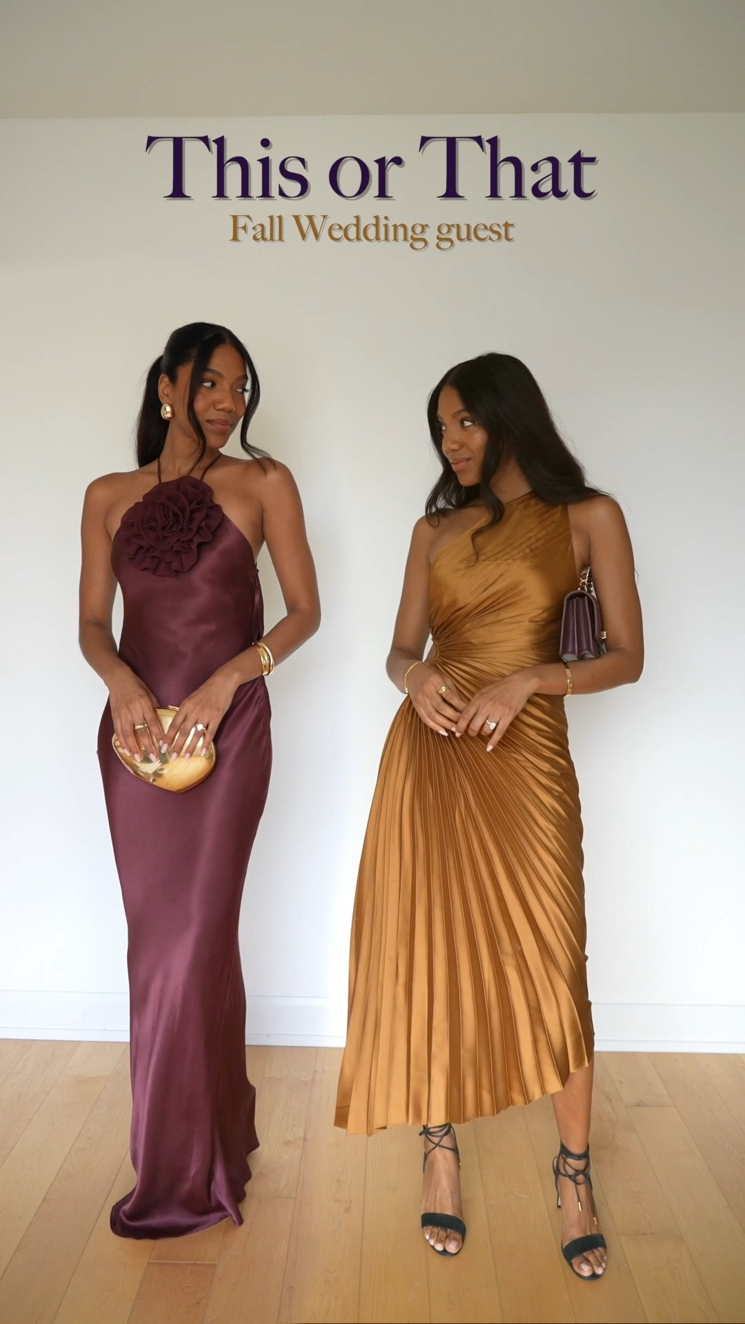 Dress on the left-size us 4
Dress on the right- size small (code CORALIE30 for 30% off)

Fall wedding guest dress | fall wedding guest outfit | fall wedding guest | fall wedding | wedding guest outfit ideas | Piazza nights satin maxi dress | hello Molly dress | chocolate maxi satin dress | vici dress | model day glam one shoulder asymmetrical maxi | pleated bronze dress | gold hard case clutch bag | gold clutch | wine pleated bag | gold heels | black lace up heels

#LTKParties #LTKSeasonal #LTKWedding