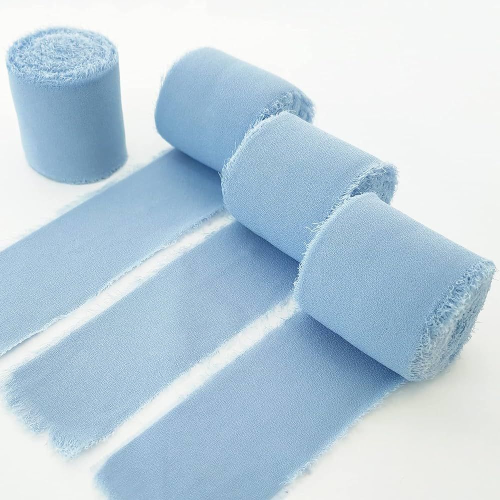 TONIFUL 4 Rolls 1-1/2 Inch Dusty Baby Blue Light Blue Chiffon Silk Ribbon 22yds Handmade Fringe C... | Amazon (US)