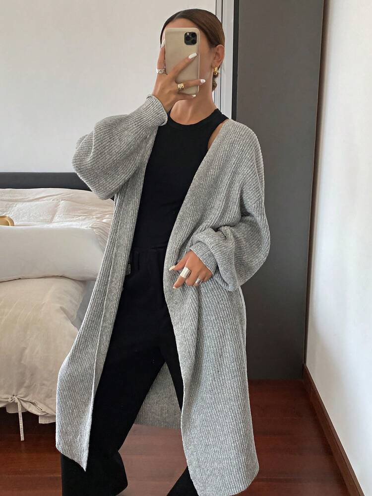 Siren Gaze Women's Solid Grey Drop Shoulder Long Sleeve Loose Long Casual Warm Long Cardigan Swea... | SHEIN