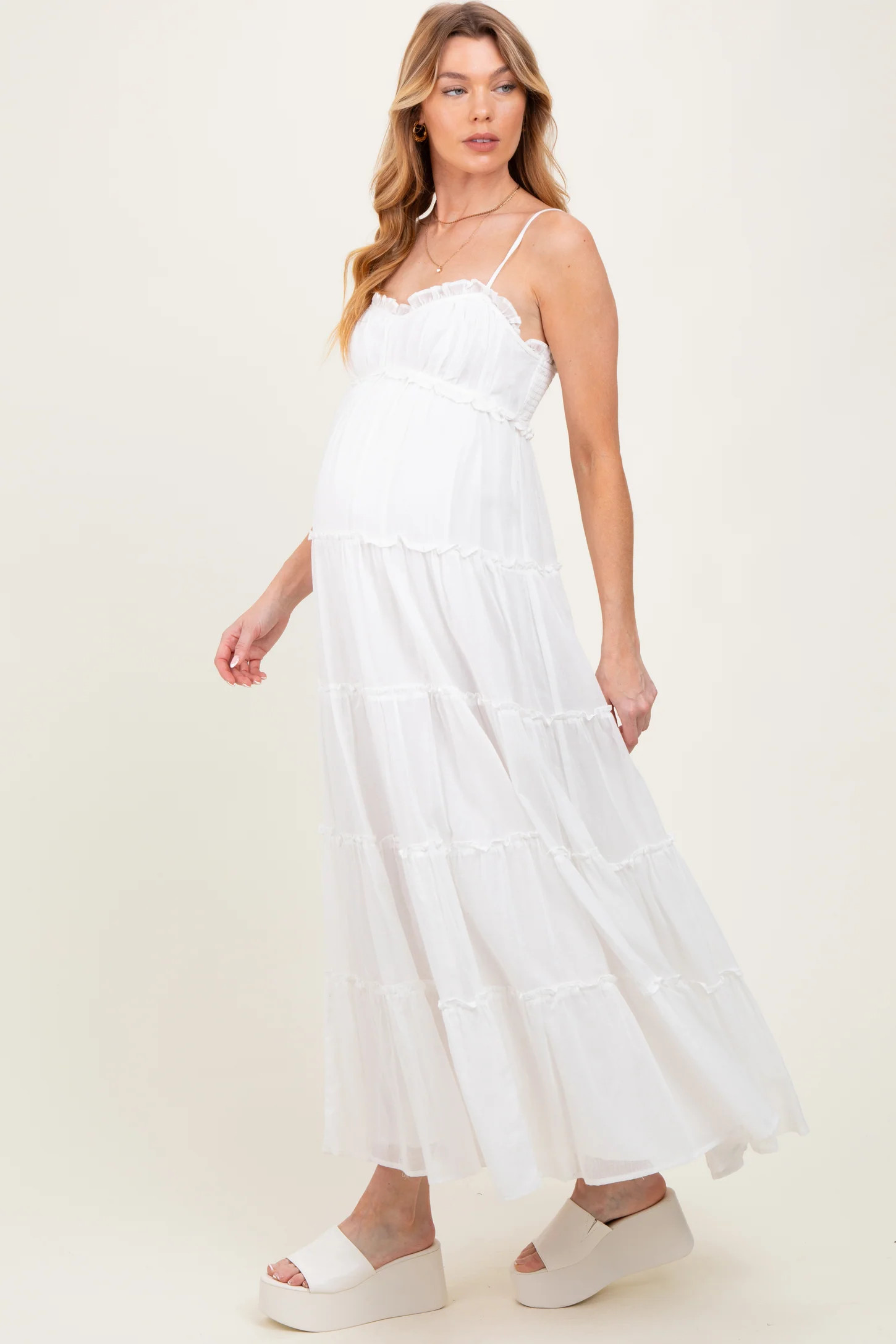 White Shirred Bust Ruffle Tiered Maternity Maxi Dress | PinkBlush Maternity