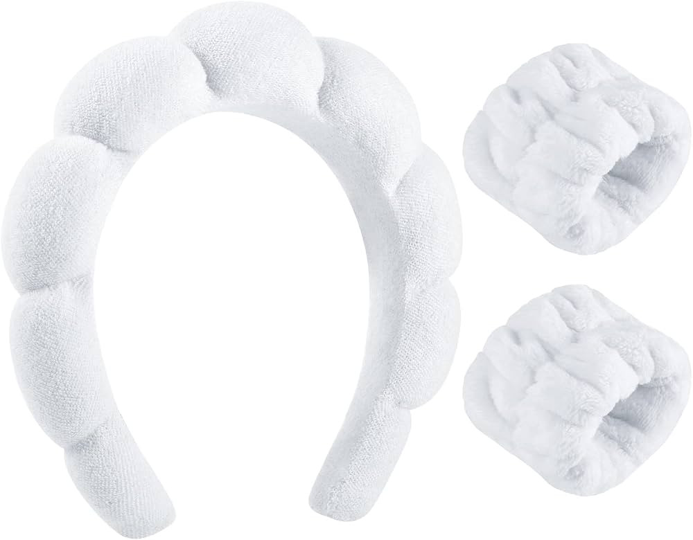 WSICSE Spa Headband for Washing Face, Sponge Skincare Headband and Wrist Washband Set White Makeu... | Amazon (US)