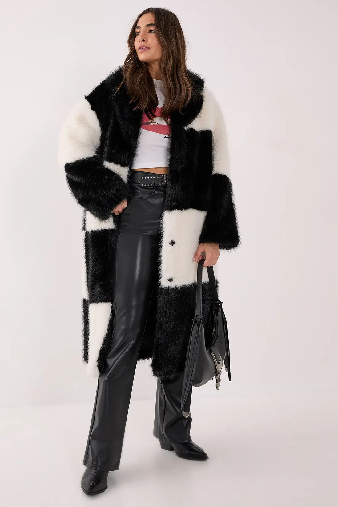 Mono Check Collared Faux Fur Coat | Nasty Gal US