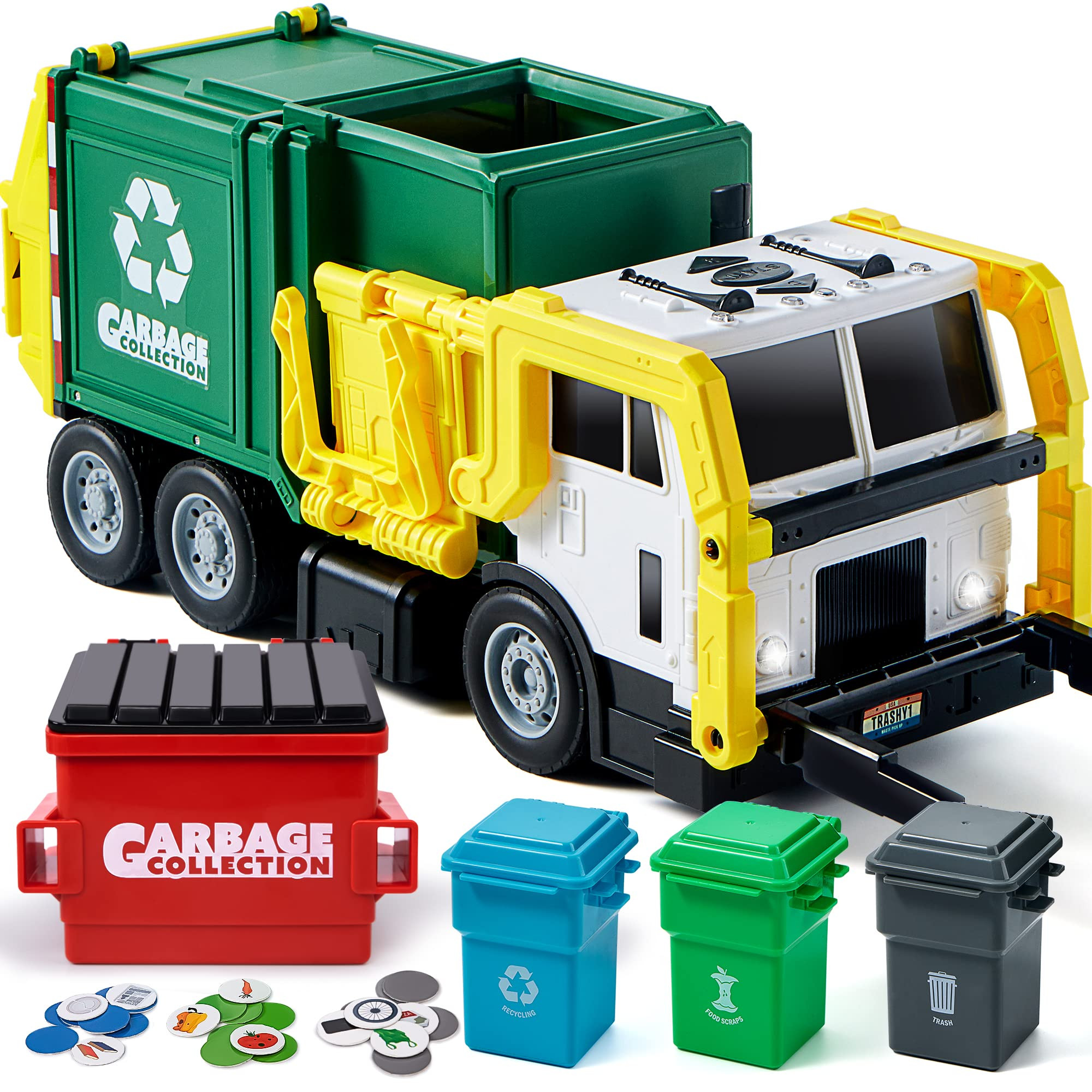 JOYIN Large Friction Powered Garbage Truck Toy Set, Includes Dumpster, Trash Bins, and Learning C... | Amazon (US)