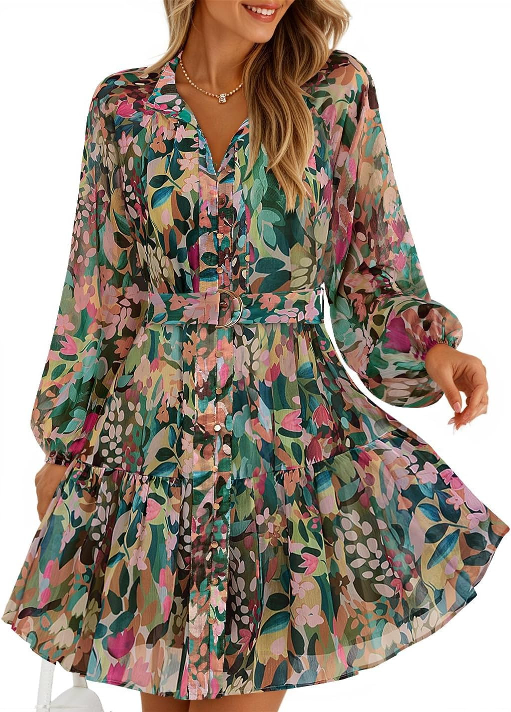 ZESICA Womens 2026 Fall Long Sleeve Floral Mini Dress | Amazon (US)