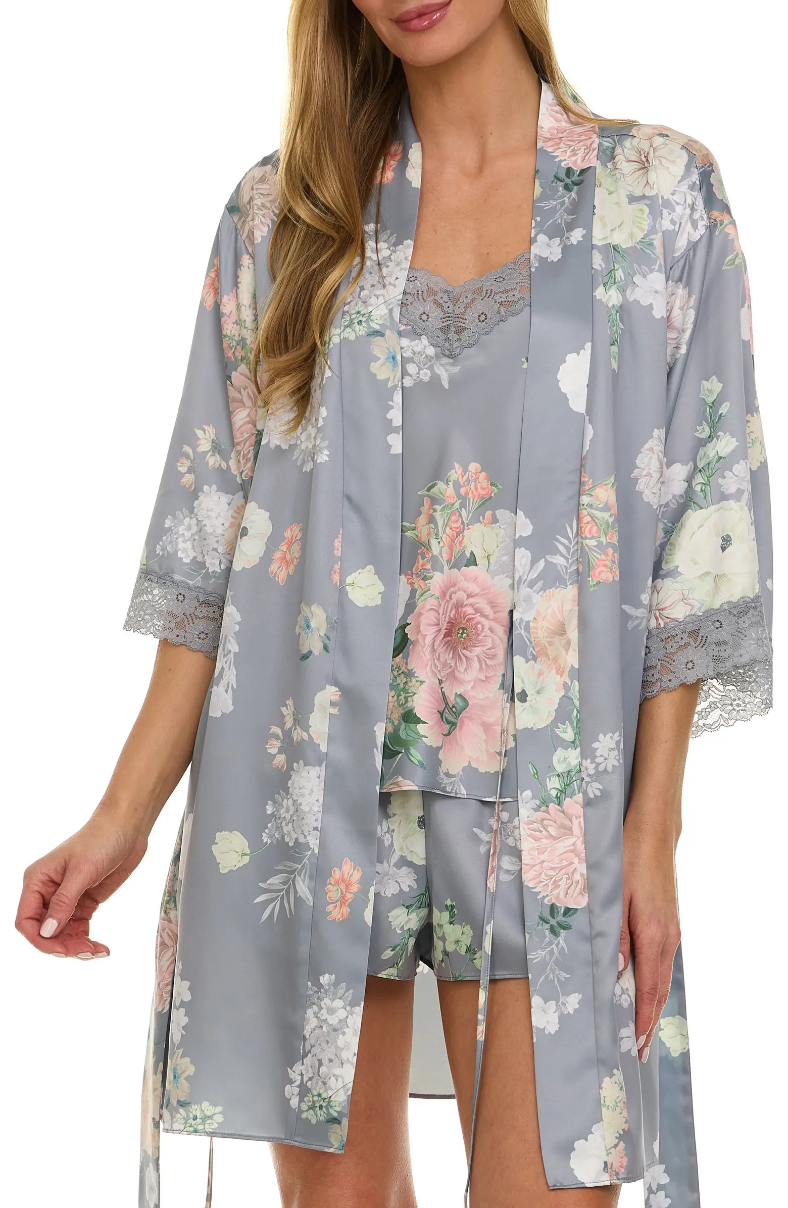 Sabrina Floral Print Satin Short Pajamas & Robe Set | Nordstrom