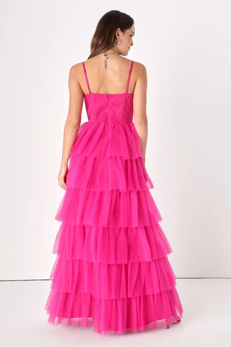 Rule the Runway Hot Pink Tulle Bustier Tiered Maxi Dress | Lulus