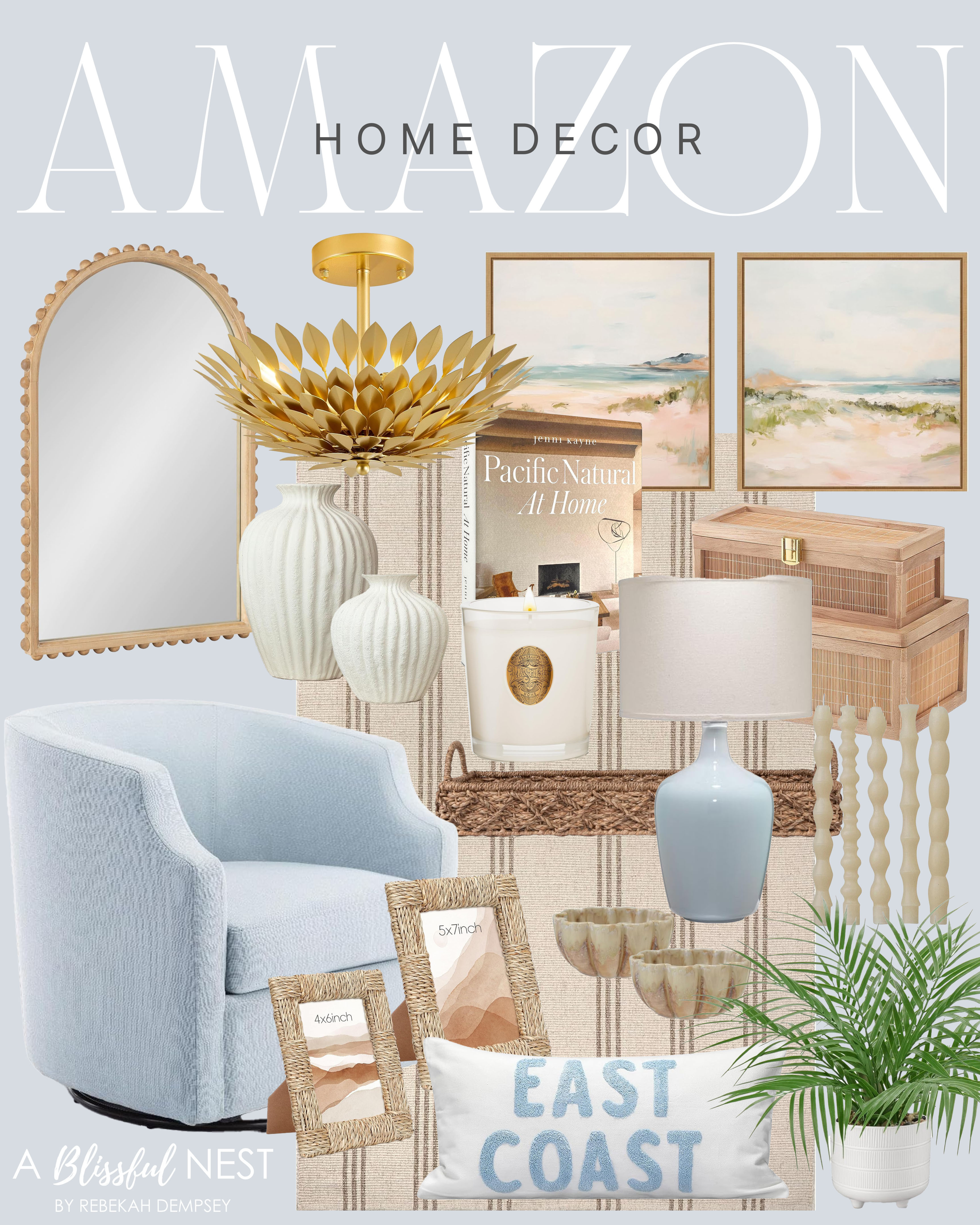 Soft blues, warm woods, and woven textures make these Amazon home decor finds feel effortlessly elevated. Shop the collection. 

Glass plum jar table lamp, sky blue swivel barrel chair, seagrass photo frames, decorative book, bamboo decorative box, scalloped stoneware bowls, natural soy candle, weave tray, sculptural unscented taper candles, natural landscape wall art, ivory striped rug, rustic white vase, artificial potted plants, blue coastal pillow, beaded arched mirror, gold leaf ceiling light fixture. 

 #LTKHome