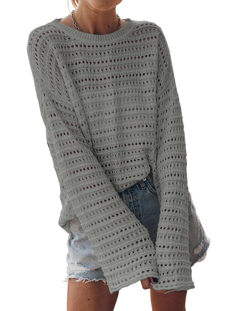Sidefeel Womens Sweaters Lightweight Casual Long Sleeve Loose Crochet Hollow Out Knit Pullover To... | Amazon (US)