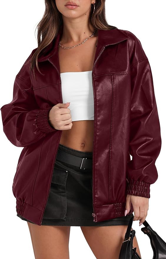 SAMPEEL Leather Jacket Women Faux Oversized Motorcycle Bomber Coats 2024 Fall Fashion Outfits Win... | Amazon (US)