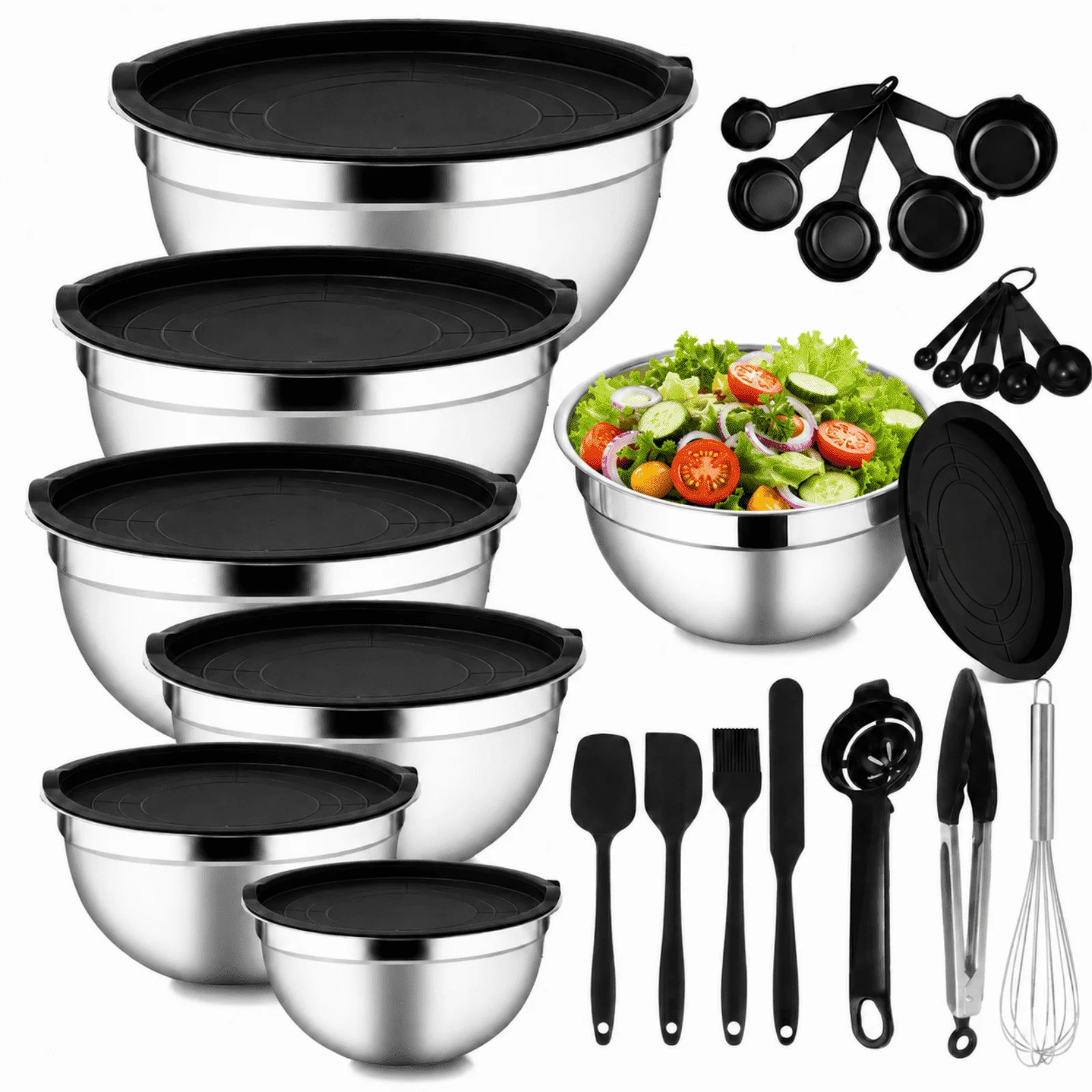 21-Piece Stainless Steel Mixing Bowl Set with Lids — 7 Nesting Sizes (0.7/1/1.5/2/2.5/3.5/4.2 Q... | Walmart (US)