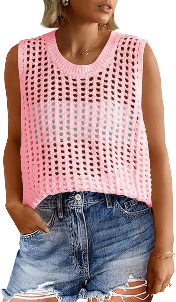 Fisoew Womens Summer Crochet Tank Tops Sleeveless Scoop Neck Loose Knit Sweater Vest Boho Hollow ... | Amazon (US)