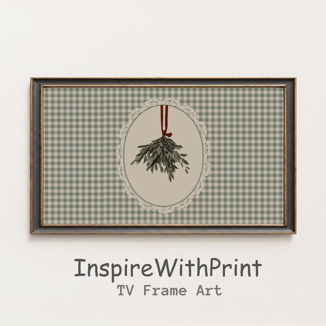 Vintage Mistletoe TV Art, Green Gingham Christmas Samsung Frame Tv Art, Rustic Farmhouse Holiday ... | Etsy (US)